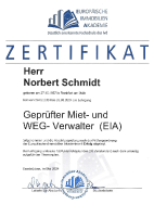 2024 Zertifikat Norbert Schmidt Gepru?fter Miet und WEG Verwalter EIA